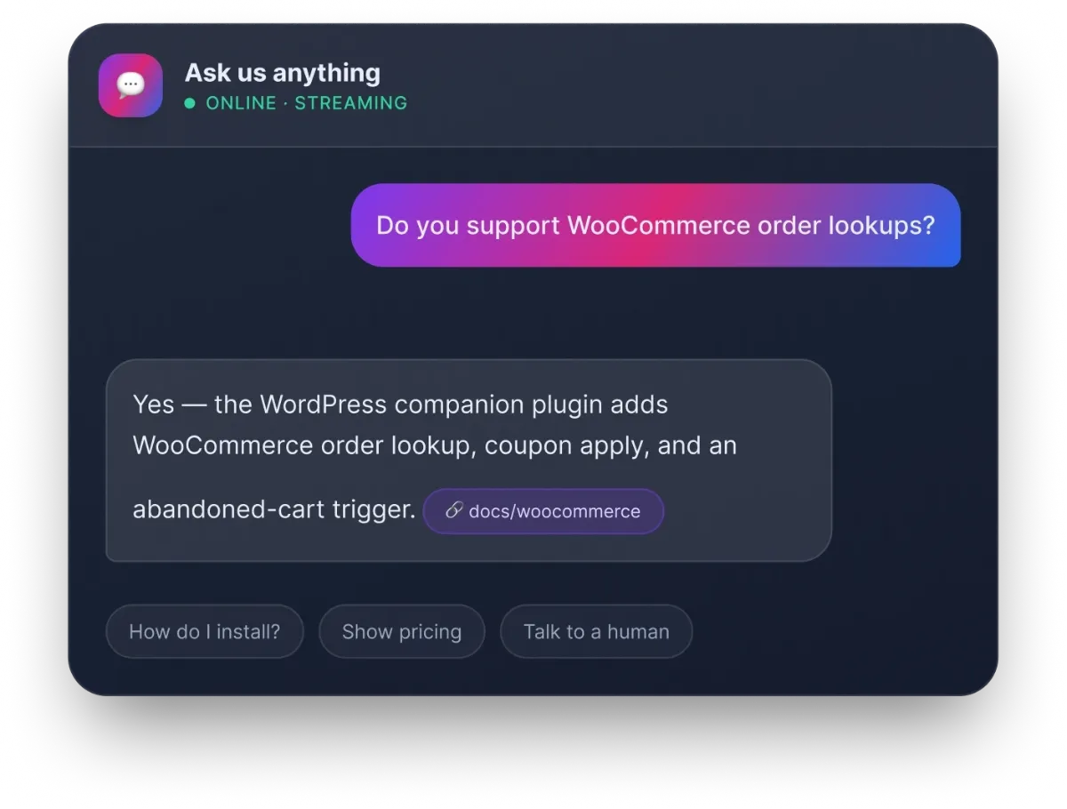 AIchat AI chat software widget answering a website visitor with cited sources