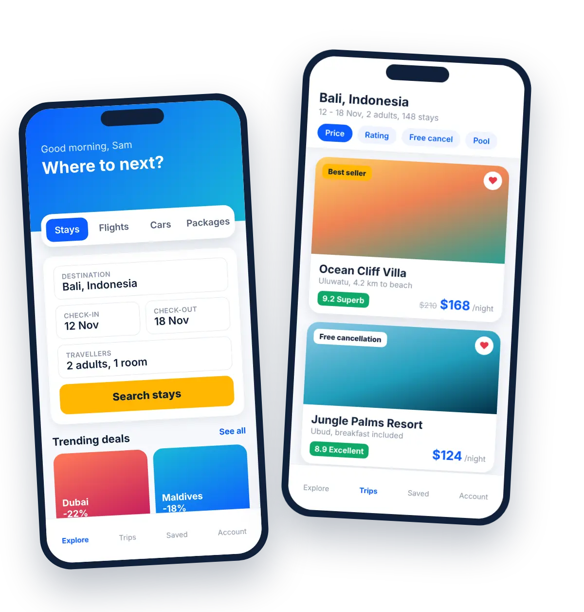 Expedia clone script travel booking app UI with stays search and hotel results